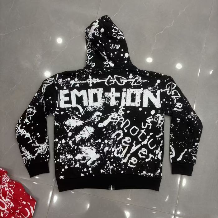 All Over White Paint Splatter Graffiti Emotion Letter Full Zip Oversized Hoodie 3 colors 29287194
