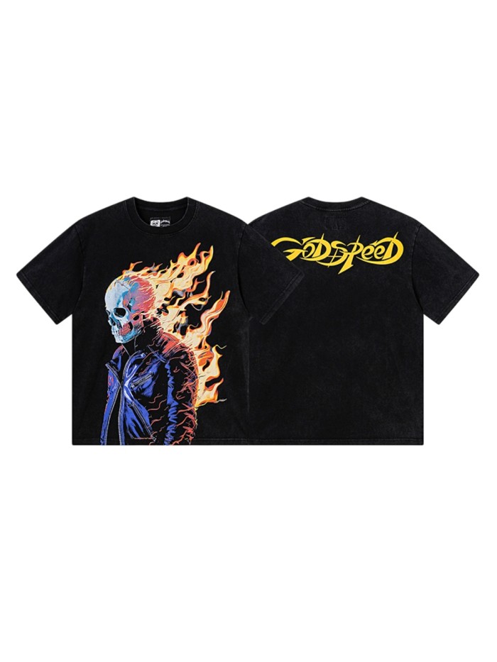 Burning Flame Skull Biker Yellow Cursive Logo Double Sided Print Tee 29287365
