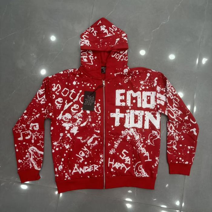 All Over White Paint Splatter Graffiti Emotion Letter Full Zip Oversized Hoodie 3 colors 29287194