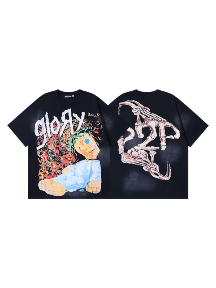 High Street Glory Letter Rag Doll Portrait Back Skeleton Claw Double Sided Print Oversized Tee 29287272