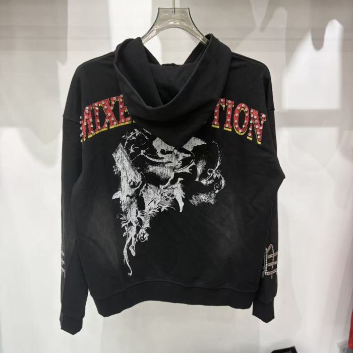 High Street Washed Black Angel Art Rhinestone Letter Full Zip Oversized Hoodie 29287174