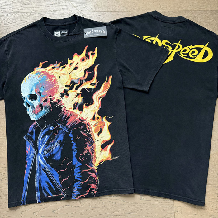 Burning Flame Skull Biker Yellow Cursive Logo Double Sided Print Tee 29287365