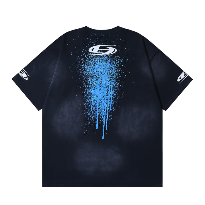Script Logo Blue Paint Splatter Drip Double Sided Print Oversized Tee 29287283