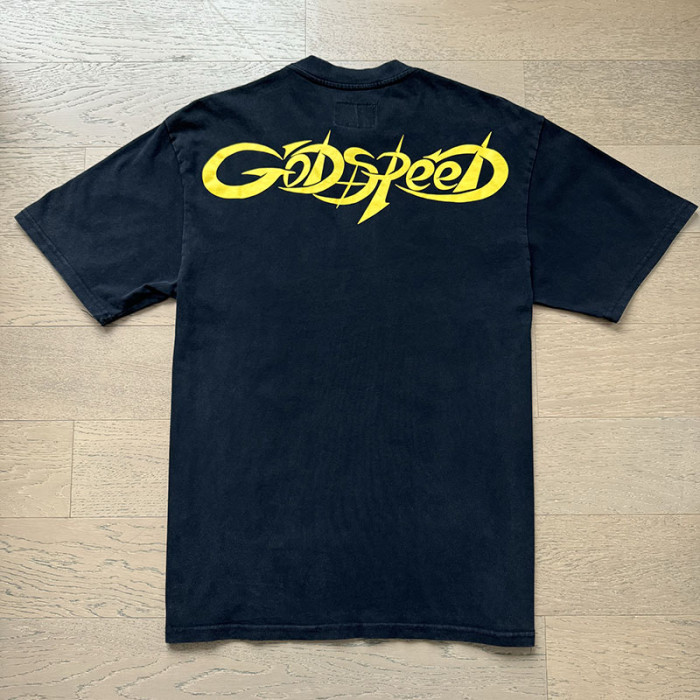 Burning Flame Skull Biker Yellow Cursive Logo Double Sided Print Tee 29287365