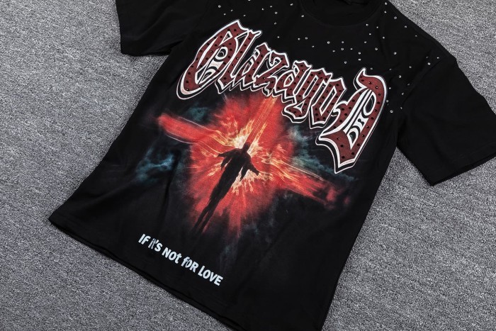Dark High Street Neck Rhinestone Cross Silhouette Slogan Double Sided Print T-Shirt 29287062