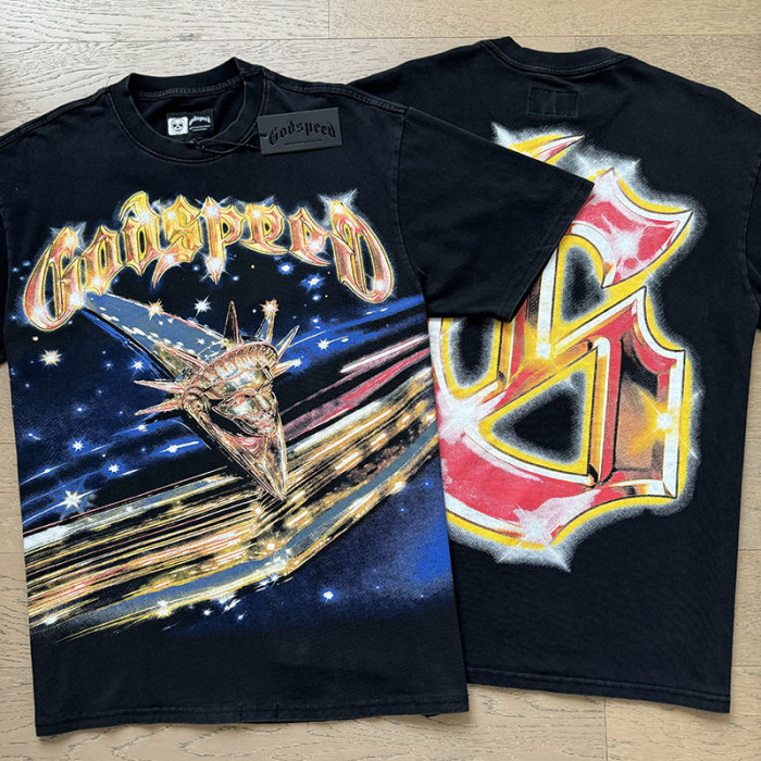 Shooting Star Liberty Skull Starry Sky Gradient Red Gold GS Logo Double Sided Print Tee 29287412