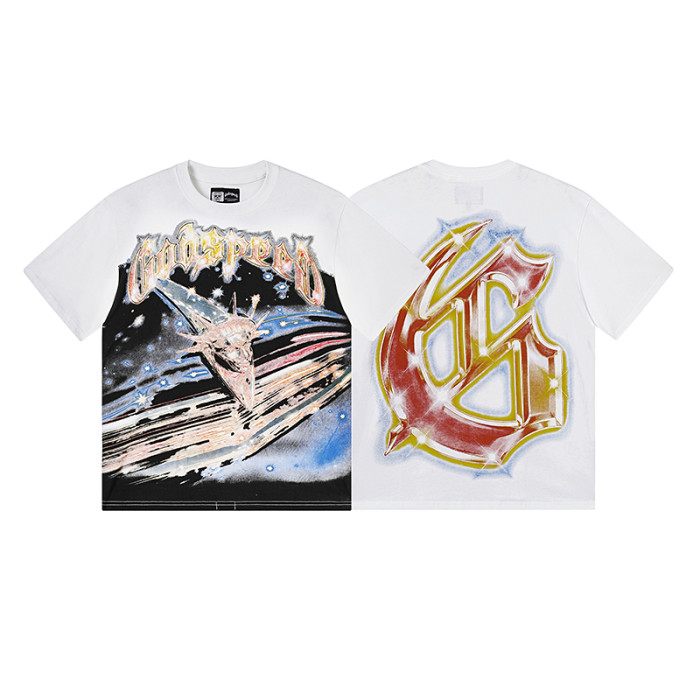Cosmic Shooting Star Liberty Skull Gradient Red Gold Sparkle GS Logo Double Sided Print Tee 29287477