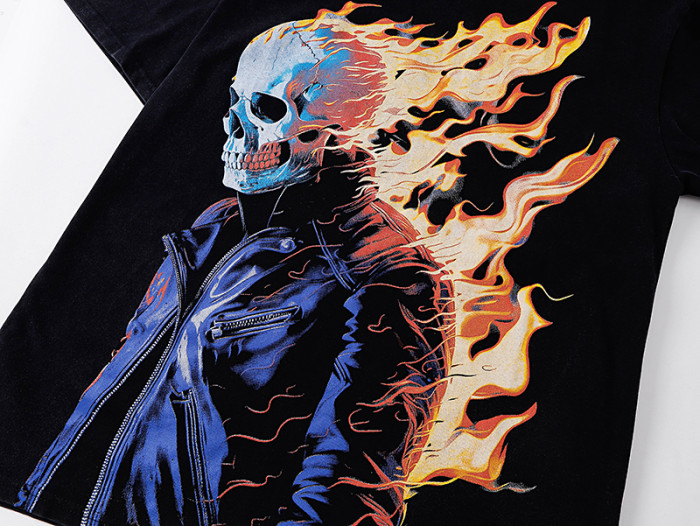 Burning Flame Skull Biker Yellow Cursive Logo Double Sided Print Tee 29287365