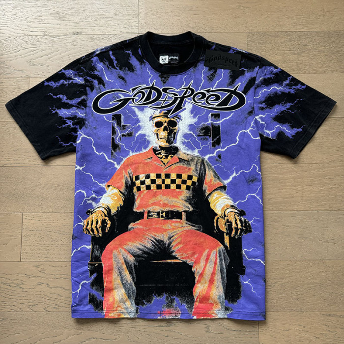 Lightning Background Checkered Suit Skull Racer Out Of Many One Slogan Double Sided Print Tee 29287370