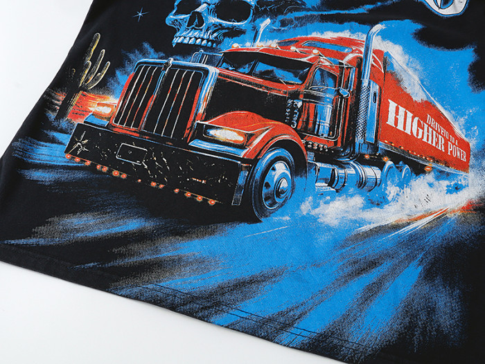 Western Desert Semi Truck Skull Gothic Script Higher Power Slogan Double Sided Print Tee 29287429