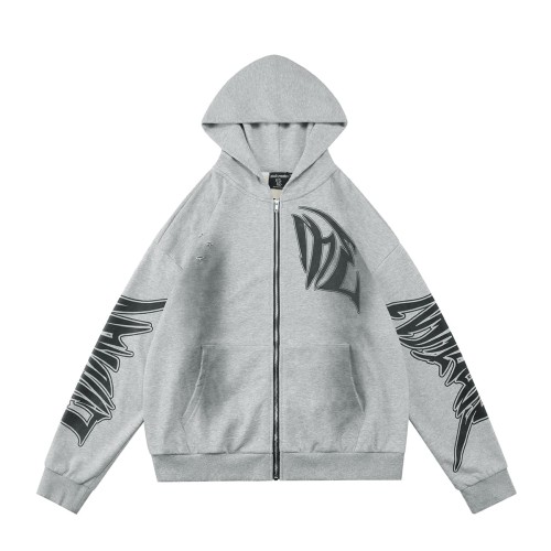 Distressed Slash Detail Gothic Spike Letter Front Back & Sleeve Print Full Zip Oversized Hoodie 29287186