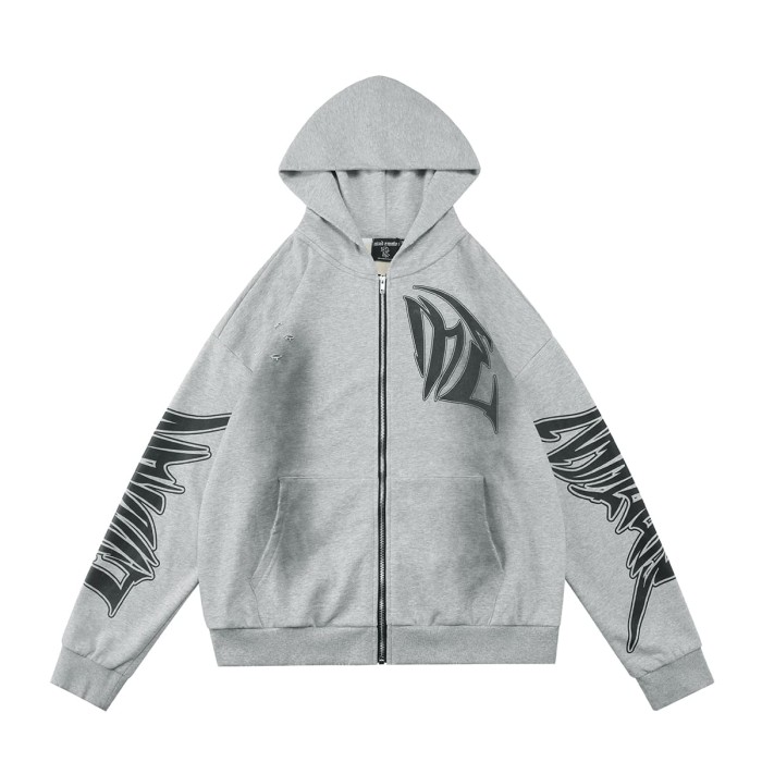 Distressed Slash Detail Gothic Spike Letter Front Back & Sleeve Print Full Zip Oversized Hoodie 29287186