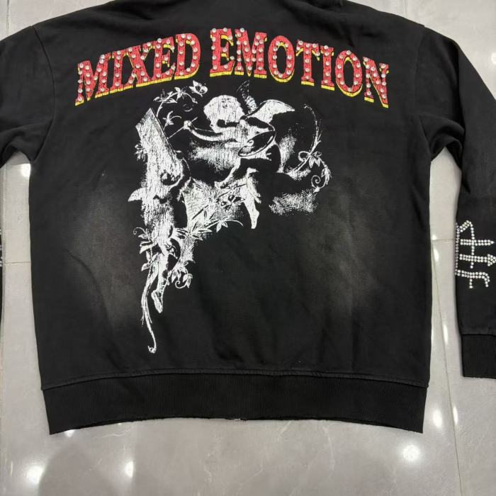 High Street Washed Black Angel Art Rhinestone Letter Full Zip Oversized Hoodie 29287174