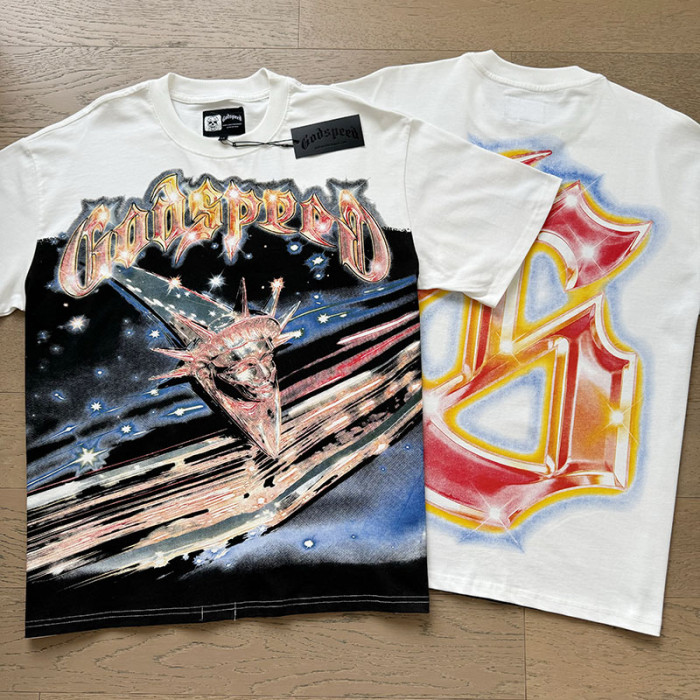 Cosmic Shooting Star Liberty Skull Gradient Red Gold Sparkle GS Logo Double Sided Print Tee 29287477