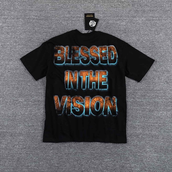 High Street Neck Rhinestone Cross Portrait Gradient Letter Double Sided Print T-Shirt 29287063
