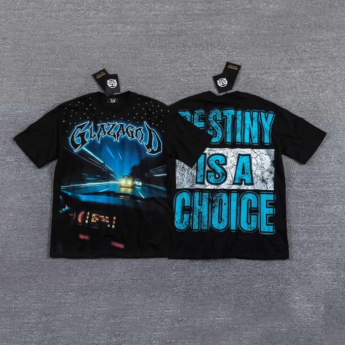 High Street Neck Rhinestone Night Highway Car Graphic Double Sided Print Oversized T-Shirt 29287057