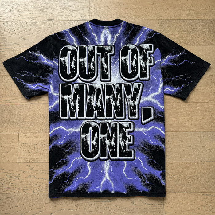Lightning Background Checkered Suit Skull Racer Out Of Many One Slogan Double Sided Print Tee 29287370