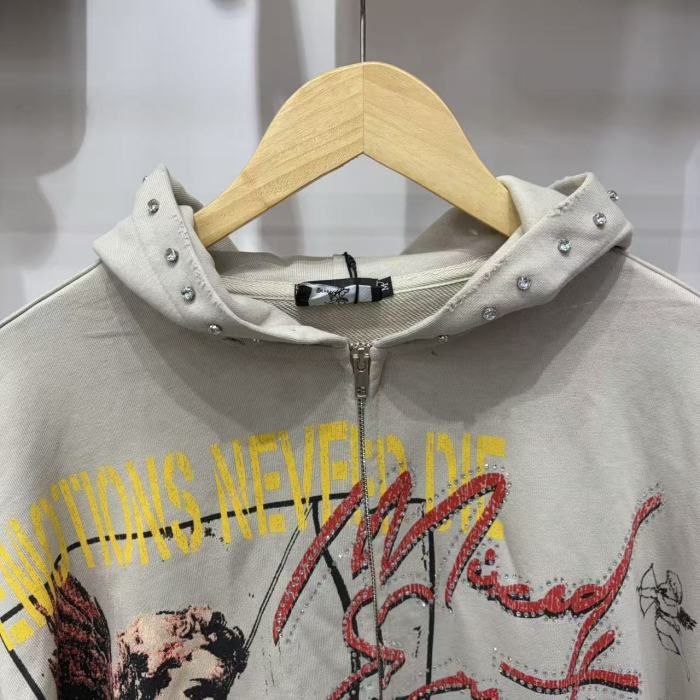 Light Gray Rhinestone Trim Cupid Print Front Back Chinese Character Full Zip Oversized Hoodie 29287183