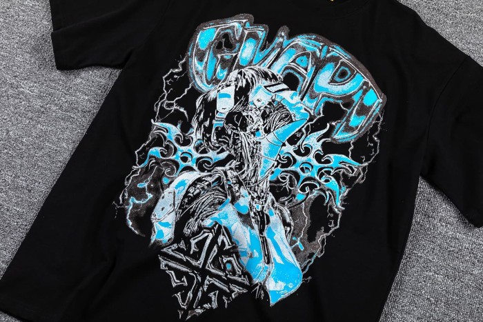 High Street Dark Metal Style Blue Distorted Female Portrait Double Sided Print T-Shirt 29287095