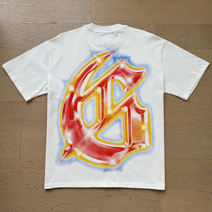 Cosmic Shooting Star Liberty Skull Gradient Red Gold Sparkle GS Logo Double Sided Print Tee 29287477