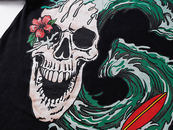 Tropical Wave Surf Skull Hibiscus Double Sided Print Oversized Tee 29287359