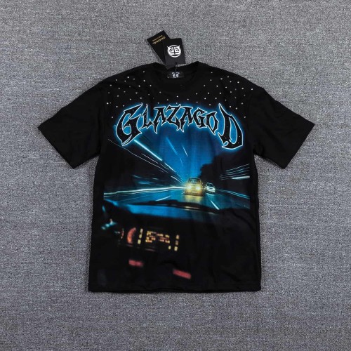 High Street Neck Rhinestone Night Highway Car Graphic Double Sided Print Oversized T-Shirt 29287057