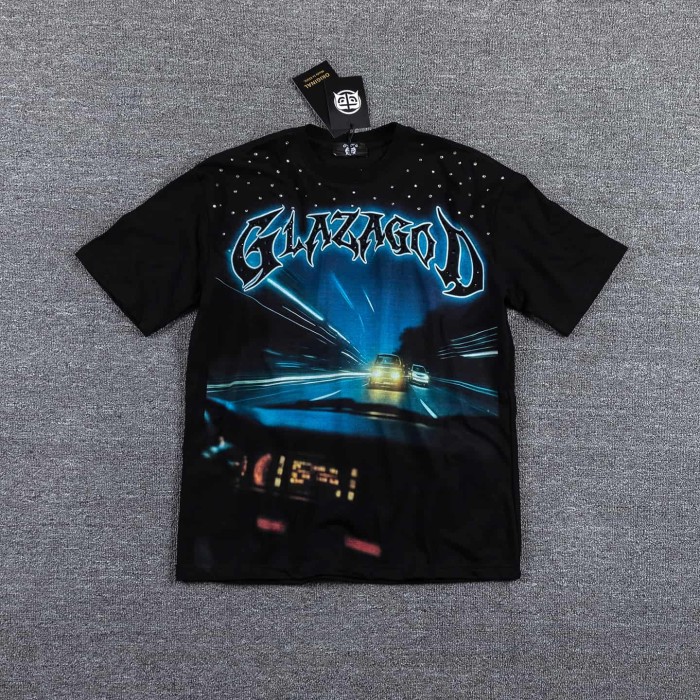 High Street Neck Rhinestone Night Highway Car Graphic Double Sided Print Oversized T-Shirt 29287057
