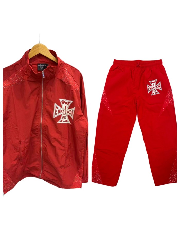 Rhinestone Panel Cross Graphic Stand Collar Windbreaker Jacket &Wide Leg Parachute Pants Set 29287107