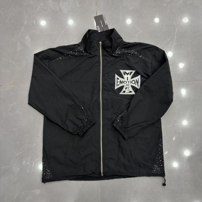 Rhinestone Panel Cross Graphic Stand Collar Windbreaker Jacket &Wide Leg Parachute Pants Set 29287107