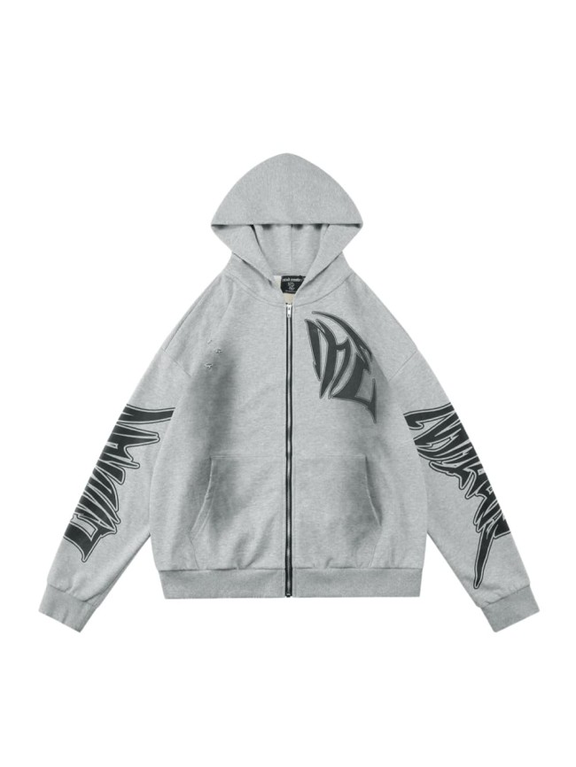 Distressed Slash Detail Gothic Spike Letter Front Back & Sleeve Print Full Zip Oversized Hoodie 29287186