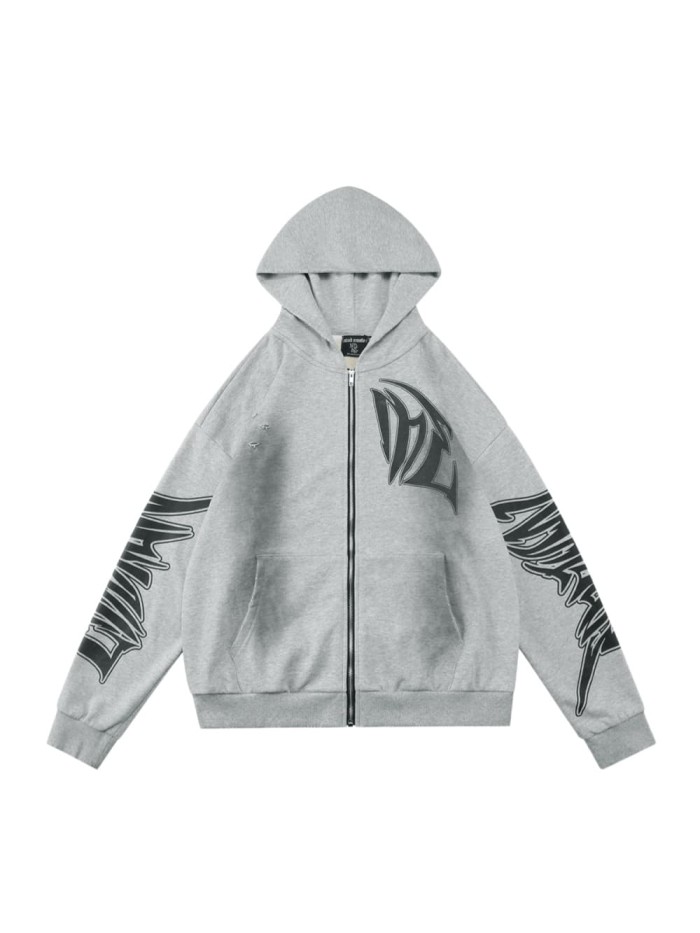 Distressed Slash Detail Gothic Spike Letter Front Back & Sleeve Print Full Zip Oversized Hoodie 29287186