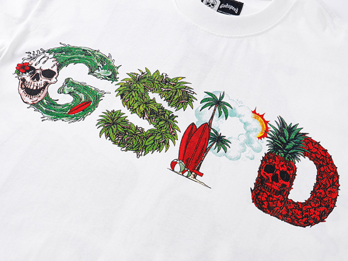 Tropical Palm Hibiscus Letter Ocean Wave Surf Skull Double Sided Print Tee 29287463