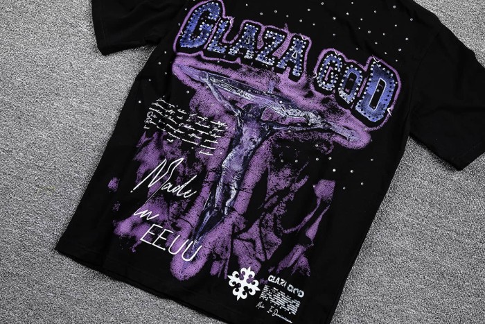 Neck Rhinestone Purple Jesus Cross Script Slogan Double Sided Print T-Shirt 29287091