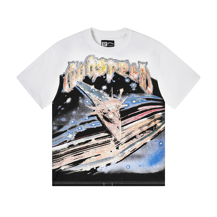 Cosmic Shooting Star Liberty Skull Gradient Red Gold Sparkle GS Logo Double Sided Print Tee 29287477