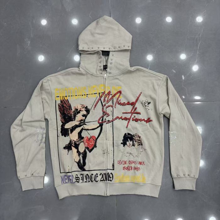 Light Gray Rhinestone Trim Cupid Print Front Back Chinese Character Full Zip Oversized Hoodie 29287183