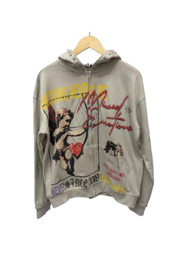 Light Gray Rhinestone Trim Cupid Print Front Back Chinese Character Full Zip Oversized Hoodie 29287183