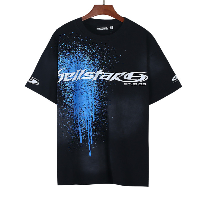 Script Logo Blue Paint Splatter Drip Double Sided Print Oversized Tee 29287283