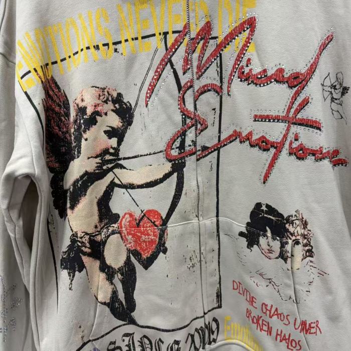 Light Gray Rhinestone Trim Cupid Print Front Back Chinese Character Full Zip Oversized Hoodie 29287183