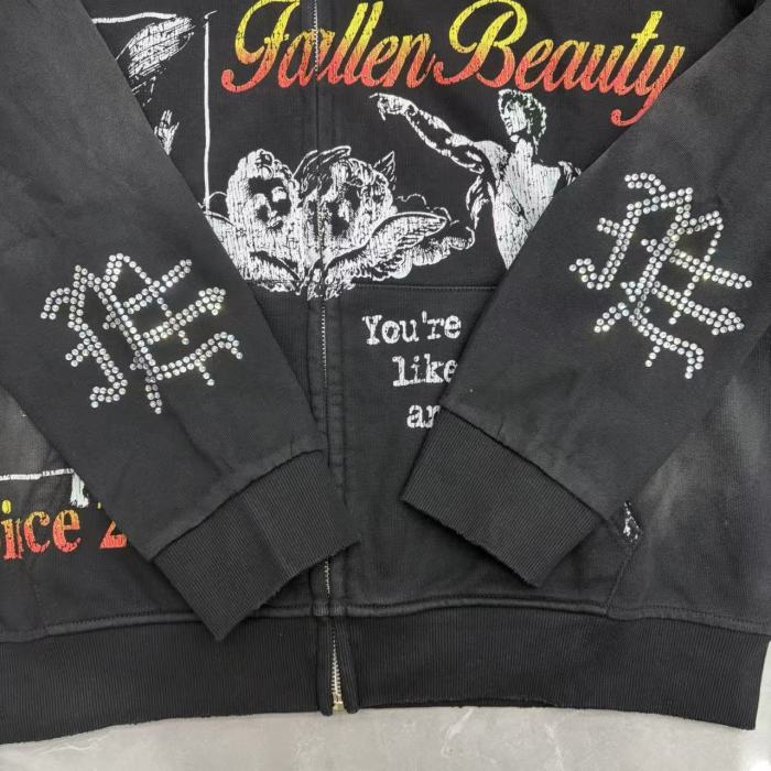 High Street Washed Black Angel Art Rhinestone Letter Full Zip Oversized Hoodie 29287174