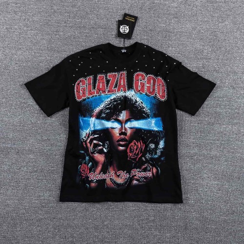 High Street Neck Rhinestone Laser Eyes Lady Rose Skull Graphic Double Sided Print T-Shirt 29287068