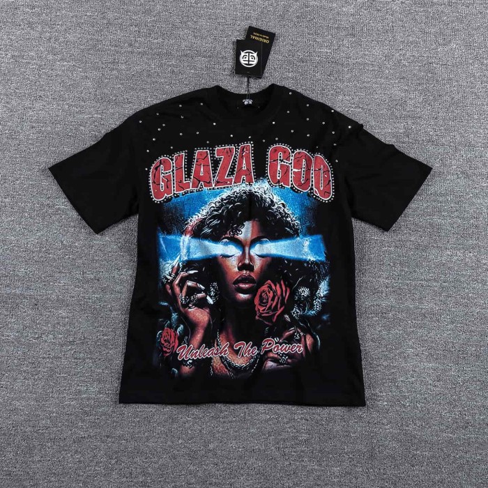High Street Neck Rhinestone Laser Eyes Lady Rose Skull Graphic Double Sided Print T-Shirt 29287068
