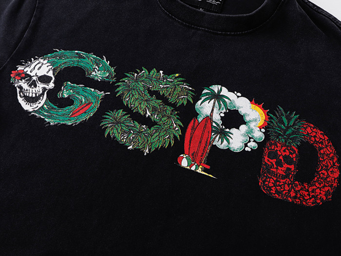 Tropical Wave Surf Skull Hibiscus Double Sided Print Oversized Tee 29287359
