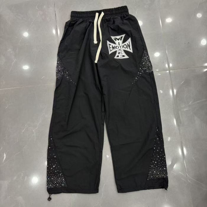 Rhinestone Panel Cross Graphic Stand Collar Windbreaker Jacket &Wide Leg Parachute Pants Set 29287107