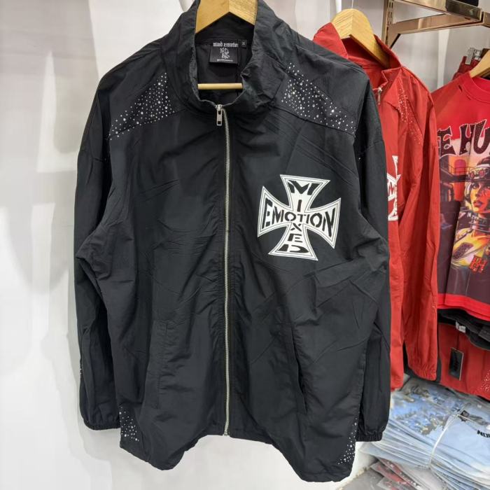 Rhinestone Panel Cross Graphic Stand Collar Windbreaker Jacket &Wide Leg Parachute Pants Set 29287107