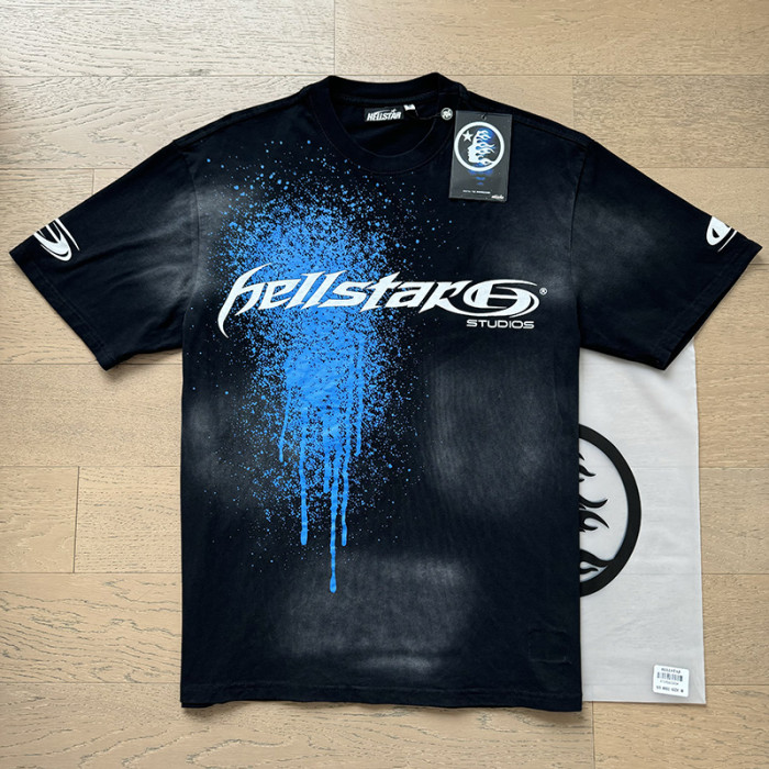 Script Logo Blue Paint Splatter Drip Double Sided Print Oversized Tee 29287283