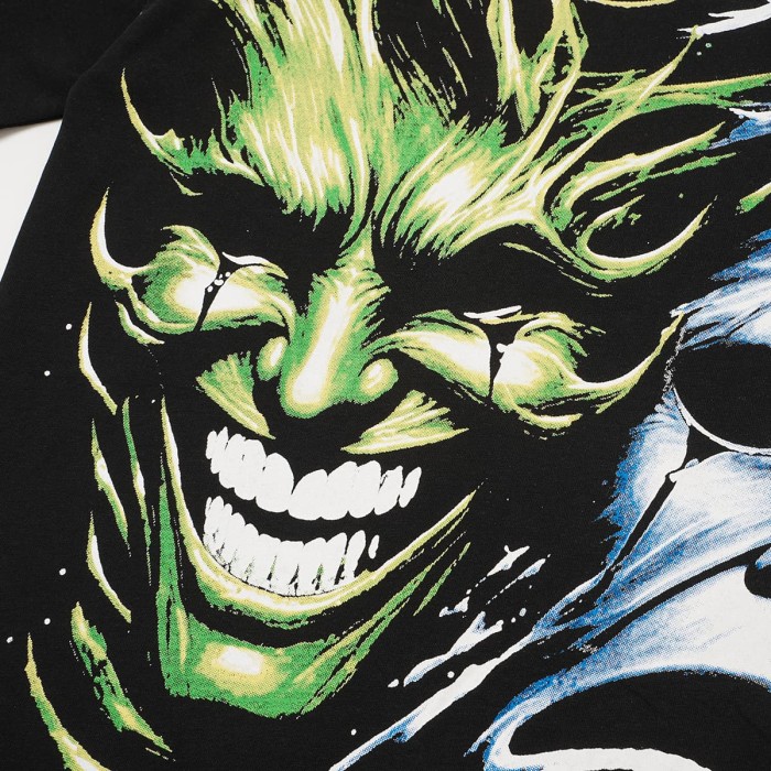 Green And Blue Contrast Split Demon Face Front Large Stacked Text Slogan Back Oversized Tee 29288677