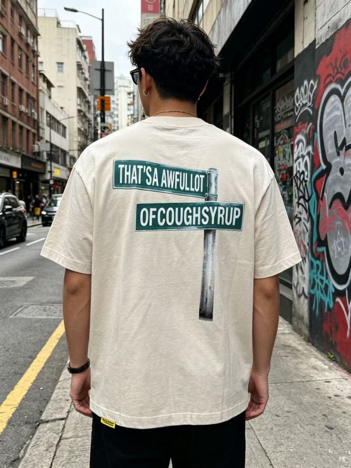 Hip Hop Streetwear Street Vendor Figure Print Back Split Text Street Sign Design Tee 2 colors 29288641