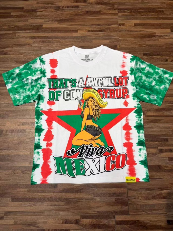 Mexico Flag Color Tie Dye Pin Up Lady Portrait Front Back Contrast Color Slogan Printed Oversized Tee 29288687