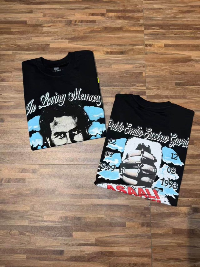 Asaali In Loving Memory Letter Pablo Escobar Face Print Birth Death Year Gun Handcuff Oversized Tee 29288692