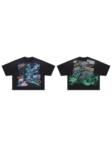 Distorted Evil Portrait Sticker Collage Green Flame RP Letter Double Sided Print Washed Tee 29288457